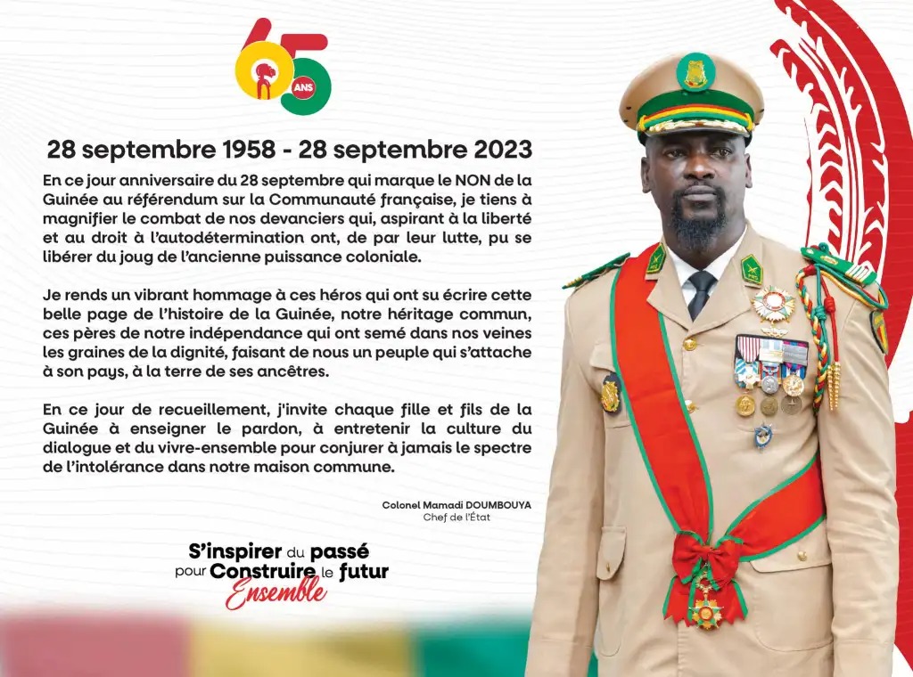 28 septembre 2023 : « Je rends un vibrant à ces héros qui ont su écrire cette belle page de l’histoire de la Guinée » colonel Mamadi Doumbouya.